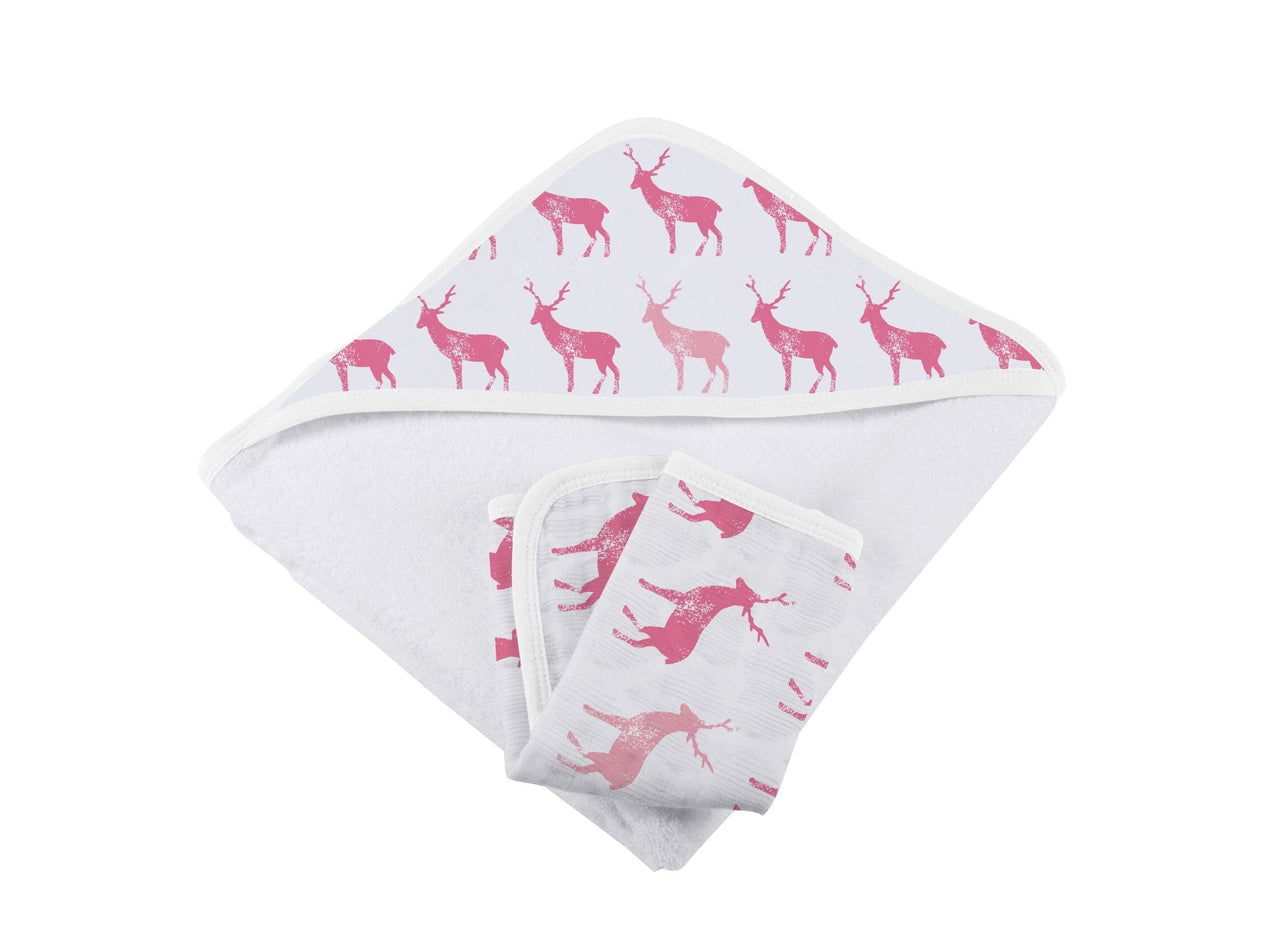 Newcastle - Pink Deer Cotton Hooded Towel and Washcloth Set -