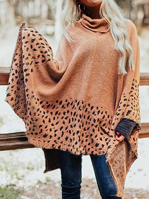 Leopard Turtleneck Poncho - T - 2 COLORS -