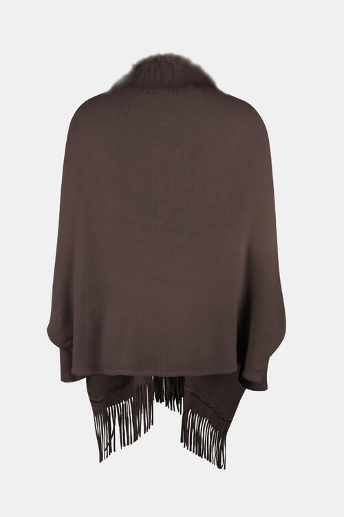 Fringe Open Front Long Sleeve Poncho - 1 SIZE - T - 6 COLORS -