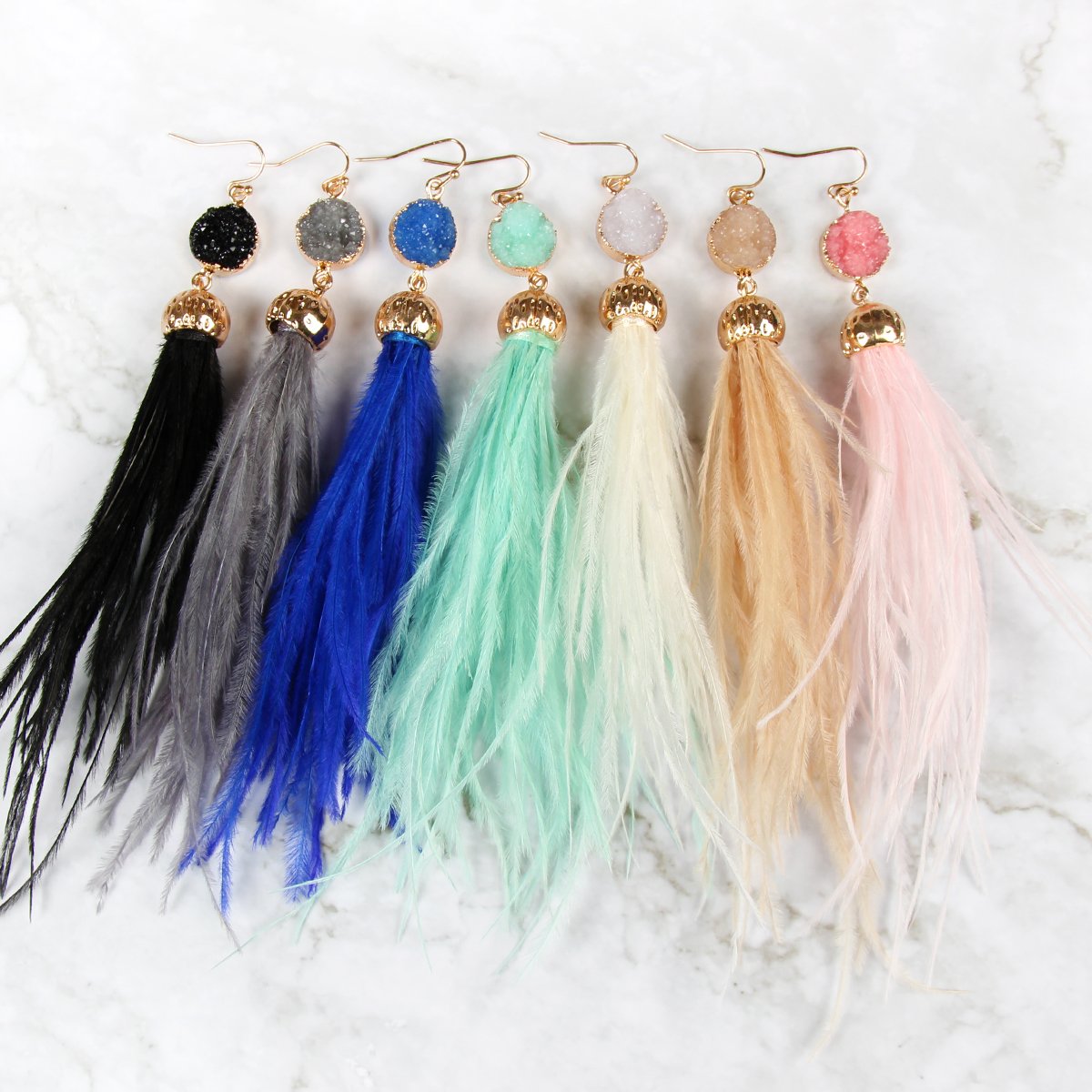 Riah Fashion - Druzy Stone Dangling Feather Earrings - 7 COLORS -