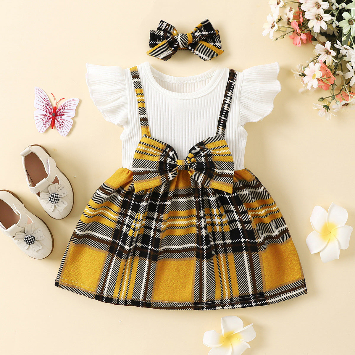 Plaid Print Bow Detail Dress with Headband - 2 PCS - T - 3 COLORS -