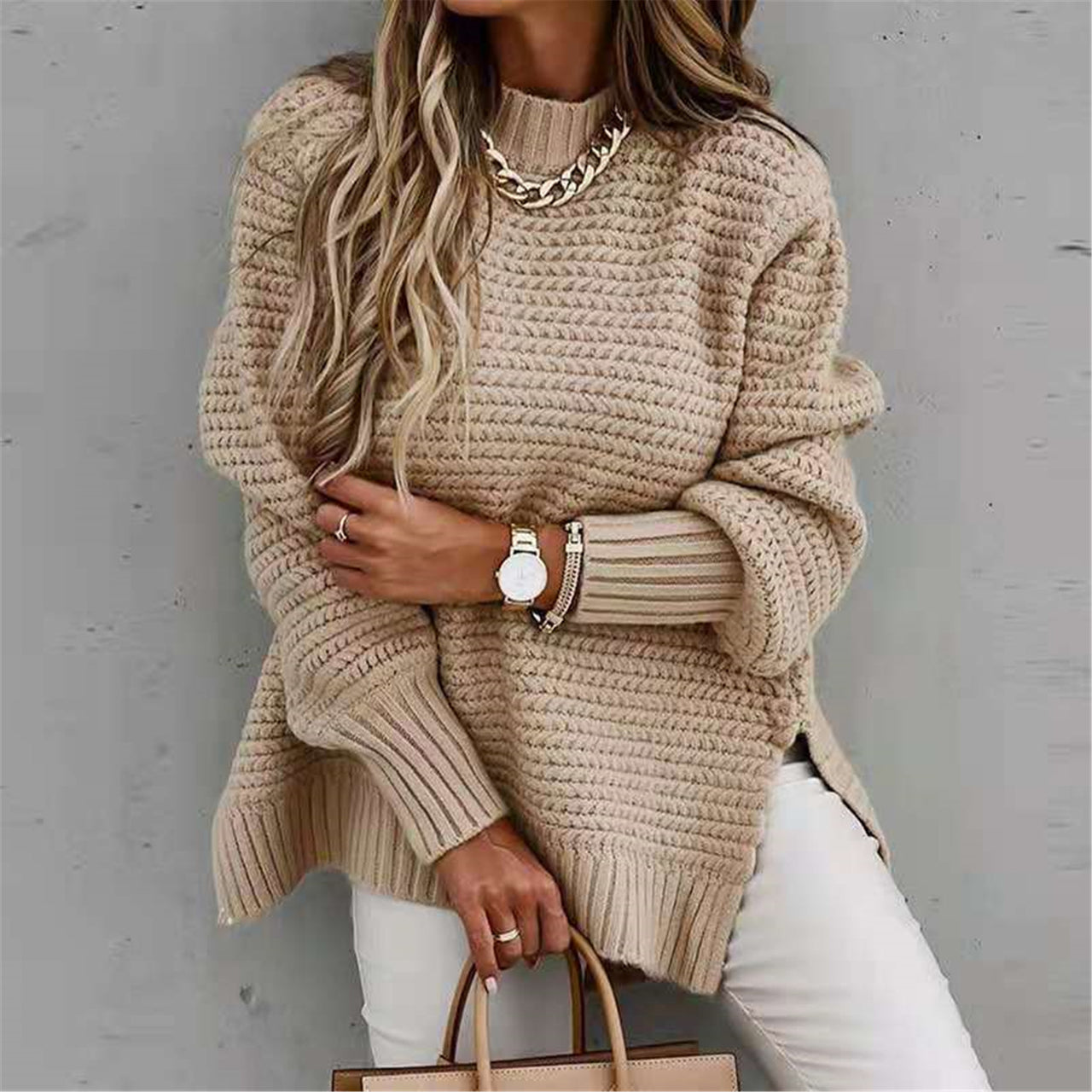 Round Neck Slit Sweater - T - 3 COLORS -