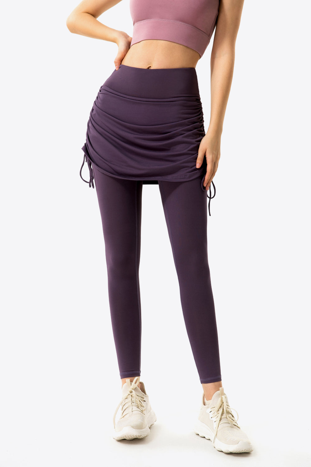 Drawstring Ruched Faux Layered Yoga Leggings - T - 7 COLORS -