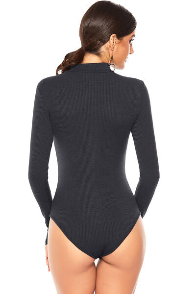 Full Size Ribbed Half Zip Long Sleeve Bodysuit - T - 4 COLORS -