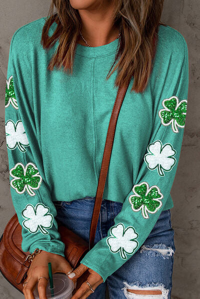 Lucky Clover Sequin Round Neck Sweatshirt - T - 1 COLOR -