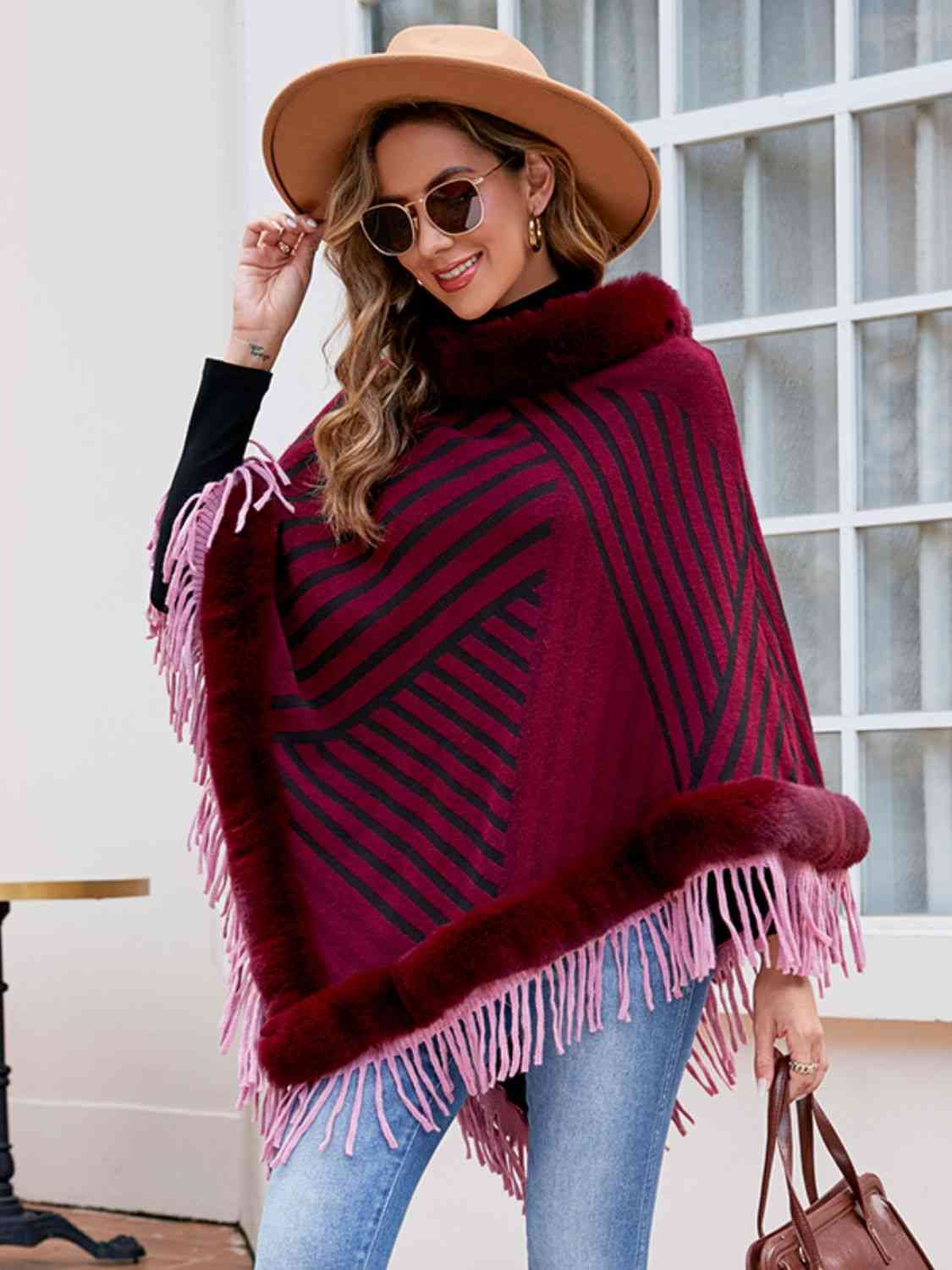 Striped Fringe Hem Poncho - T - 5 COLORS -