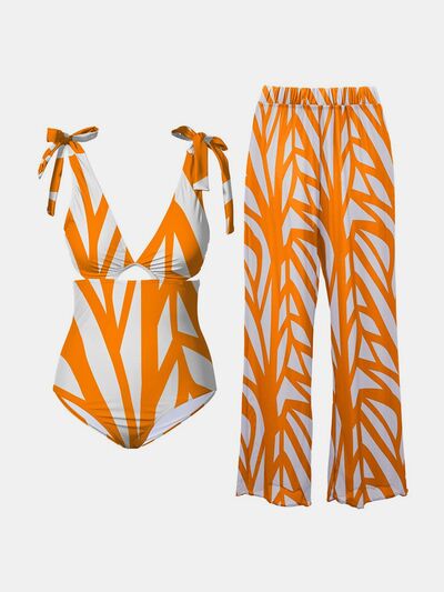 Printed Tie Shoulder Swimwear and Pants Swim Set - 2 PCS. - T - 1 COLOR -