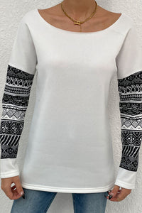 Thumbnail for Boat Neck Long Printed Sleeve Blouse - T - 2 COLORS -