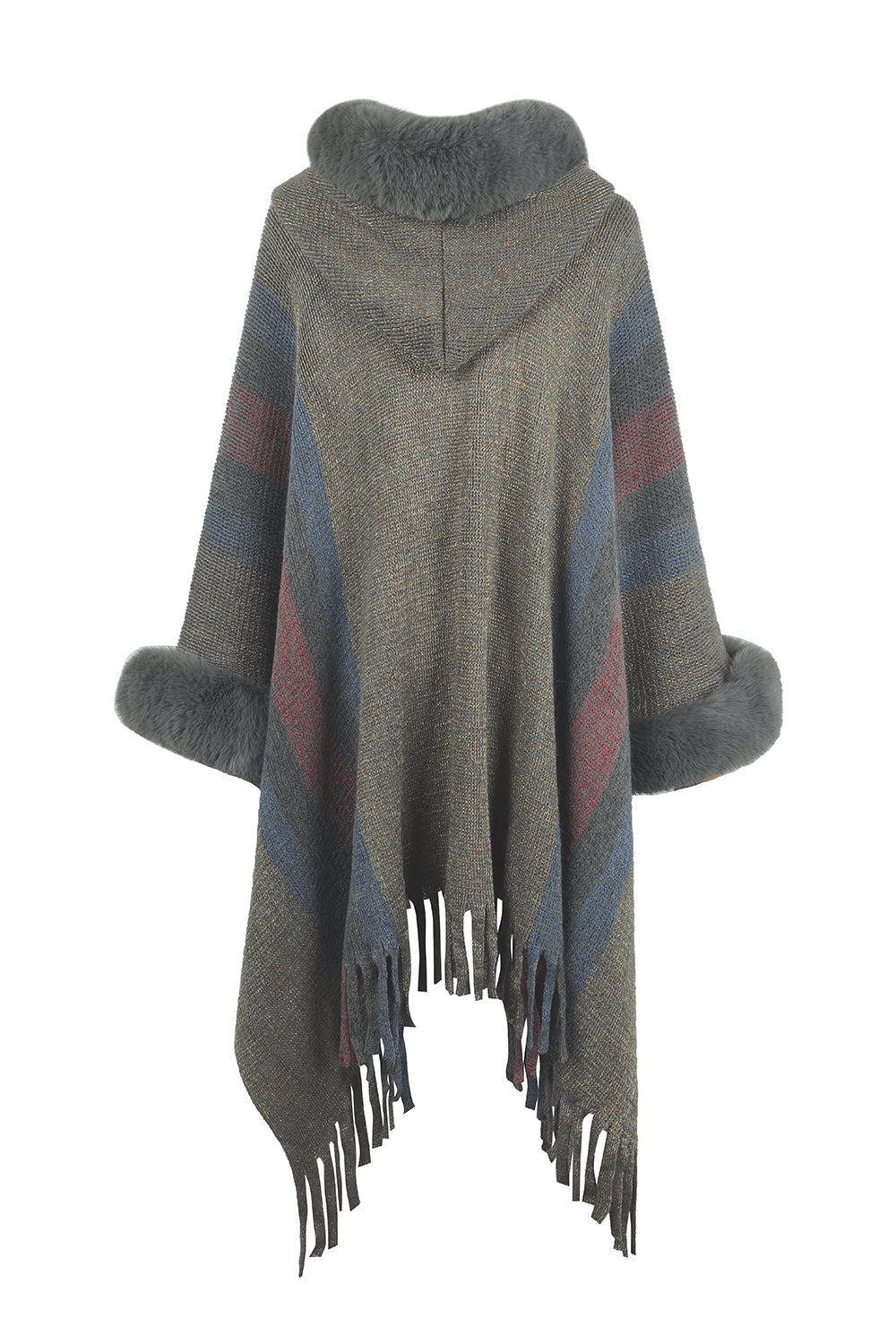 Color Block Fringe Detail Poncho - T - 4 COLORS -