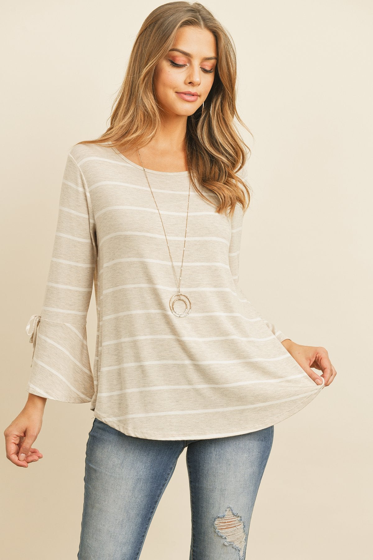 Riah Fashion - Stripe Flutter Sleeve Tie Top - 3 COLORS -