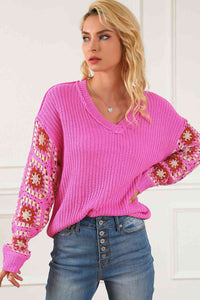 Thumbnail for Exposed Seam V-Neck Drop Shoulder Sweater - T - 1 COLOR -