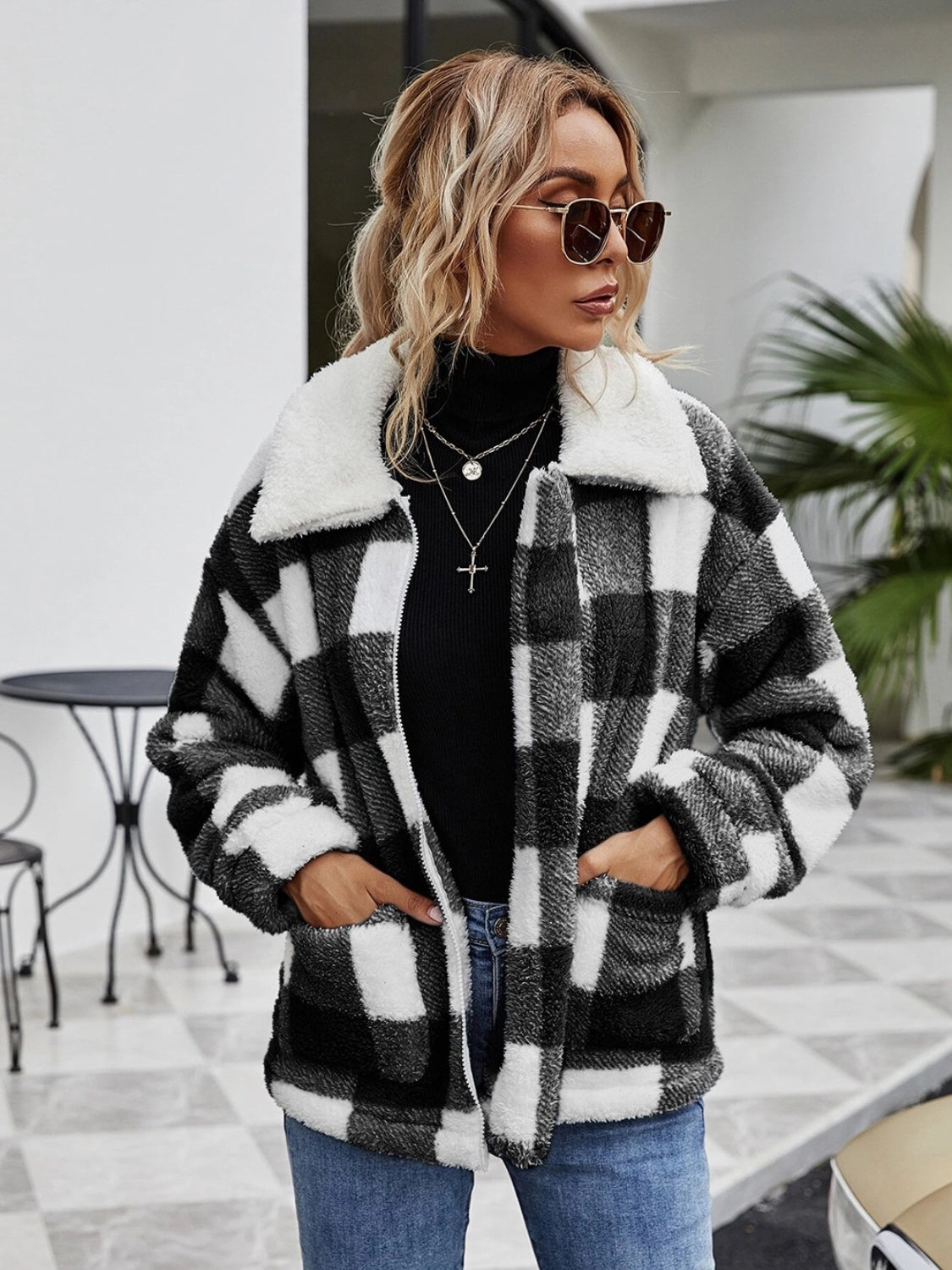 Plaid Zip-Up Collared Jacket - T - 2 COLORS -