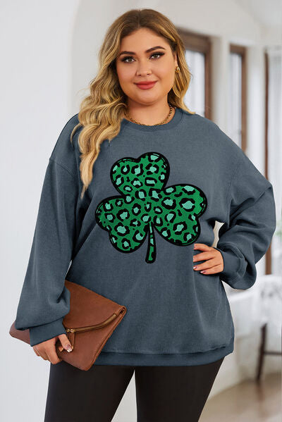 Plus Size Lucky Clover Round Neck Sweatshirt - SIZES 1X THRU 3X - T - 3 COLORS -