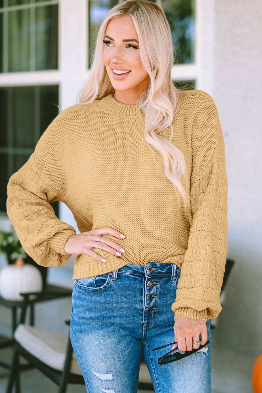 Threaded Pear - Jayla Hollowed Bubble Sleeve Knit Sweater - 2 COLORS -