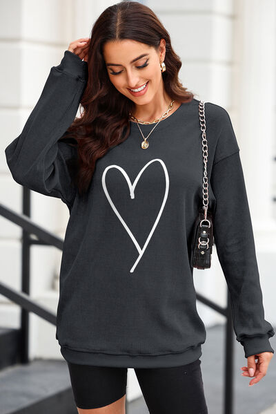 Heart Round Neck Dropped Shoulder Sweatshirt - T - 4 COLORS -