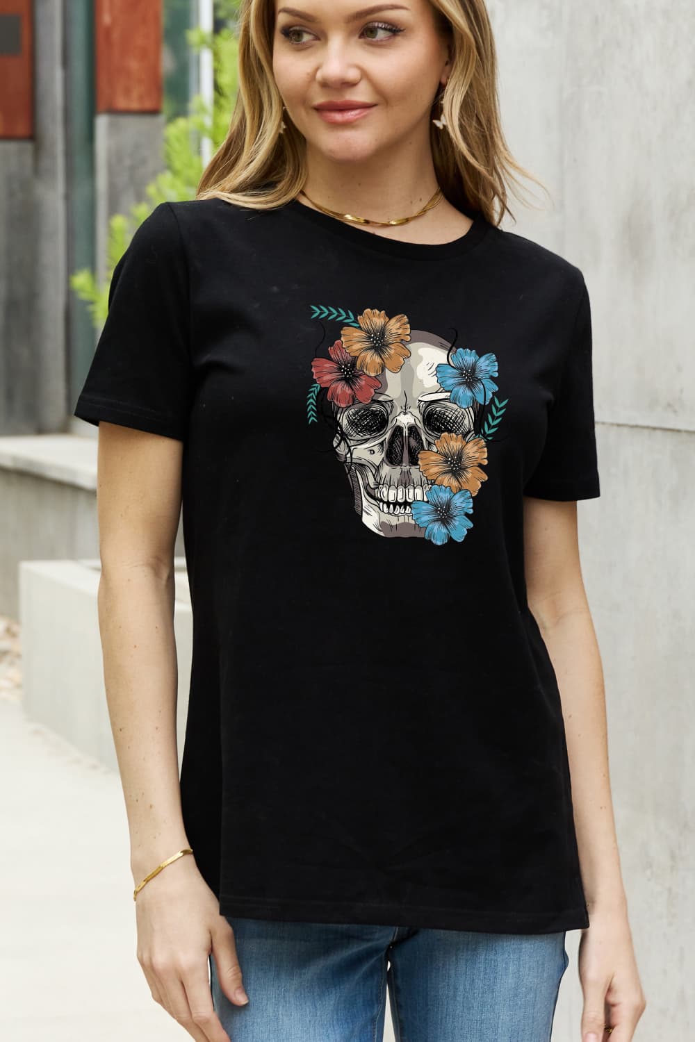 Simply Love Full Size Flower Skull Graphic Cotton Tee - T - 2 COLORS -