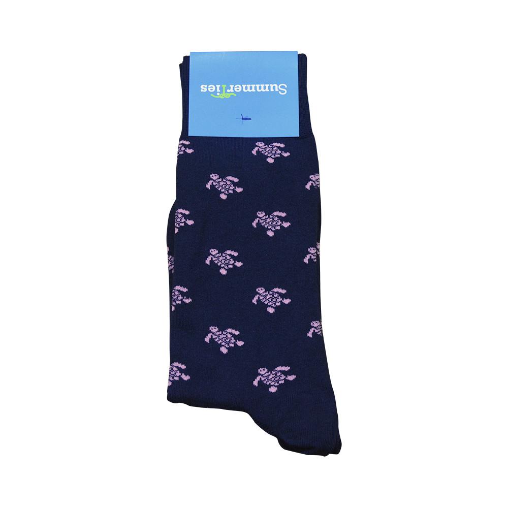 Summer Ties - Turtle Socks - Men's Mid Calf - Pink on Navy - 1 COLOR -