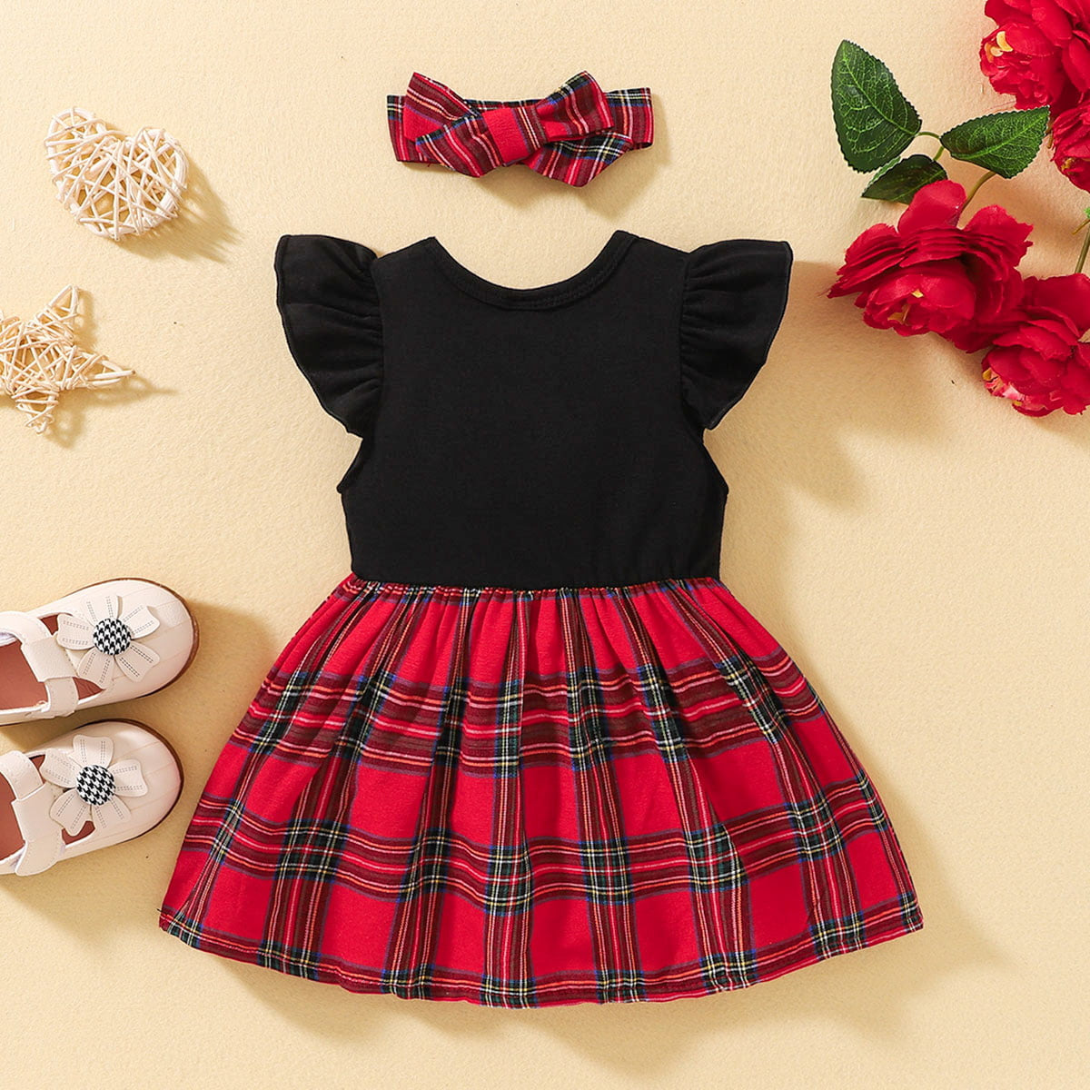 Plaid Bow Detail Round Neck Dress with Headband - T- 6 SIZES - 2 COLORS -