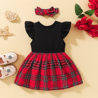 Thumbnail for Plaid Bow Detail Round Neck Dress with Headband - T- 6 SIZES - 2 COLORS -