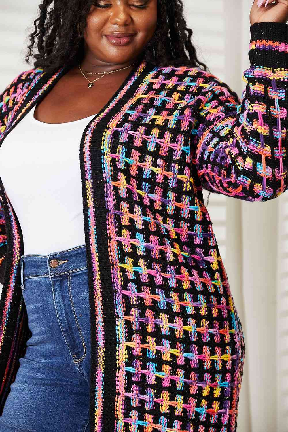 Double Take Full Size Multicolored Open Front Fringe Hem Cardigan - T - SIZES S THRU 3XL - 1 COLOR -