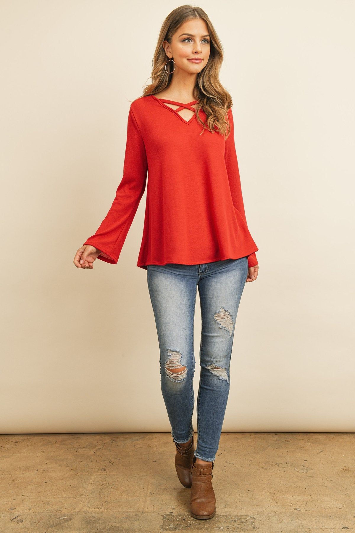 Criss Cross Neck Long Sleeve Hacci Top - 5 COLORS -