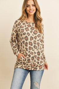 Thumbnail for Riah Fashion - Kangaroo Pocket Long Sleeve Leopard Top - 2 COLORS -