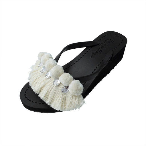 SAND BY SAYA N.Y. - White Pom Pom Fringe - Women's Mid Wedge Flip Flops - 2 COLORS -