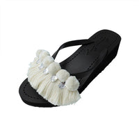 Thumbnail for SAND BY SAYA N.Y. - White Pom Pom Fringe - Women's Mid Wedge Flip Flops - 2 COLORS -