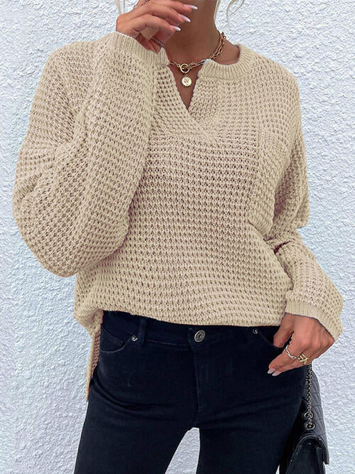 Notched Long Sleeve Sweater - T - 6 COLORS -