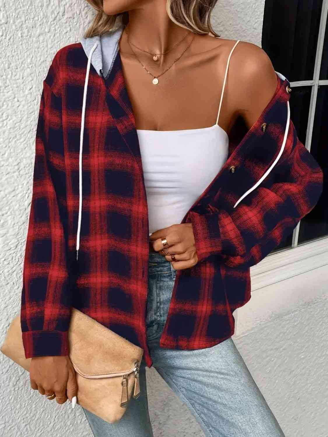 Plaid Drawstring Button Up Hooded Shirt - T - 5 COLORS -