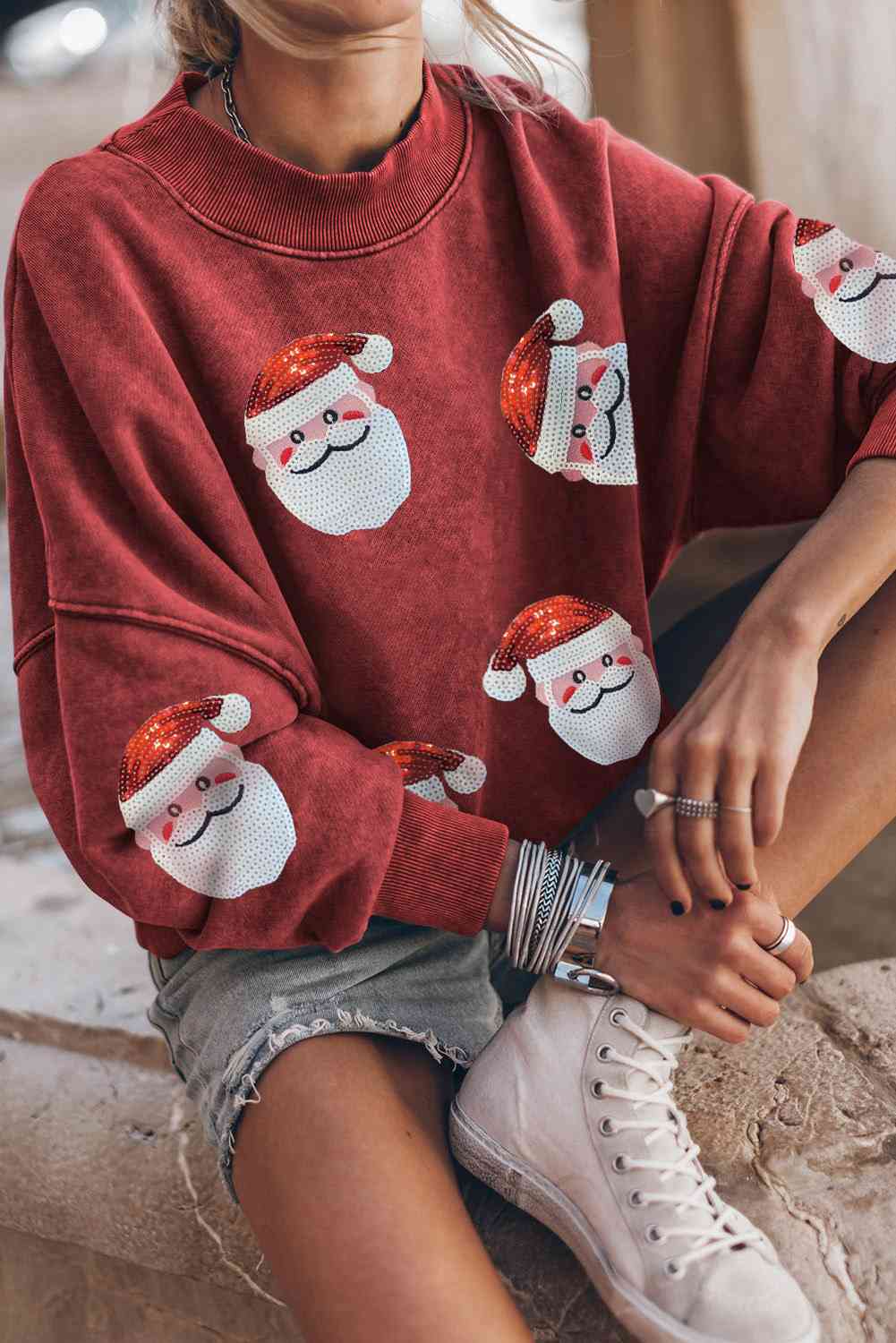 Sequin Santa Patch Round Neck Sweatshirt - T - 2 COLORS -