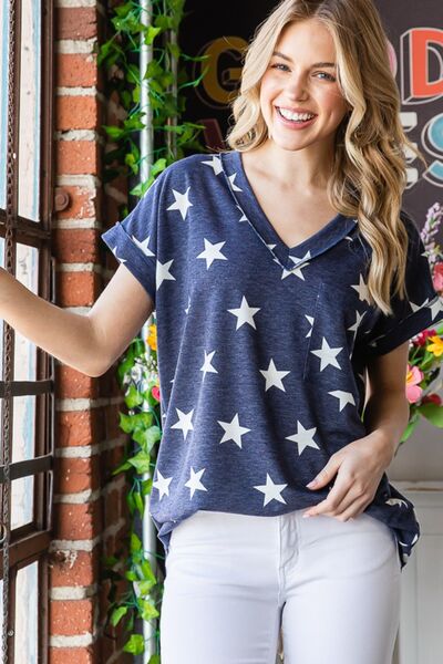 Heimish Full Size Star Print V-Neck Short Sleeve T-Shirt - T - 1 COLOR -