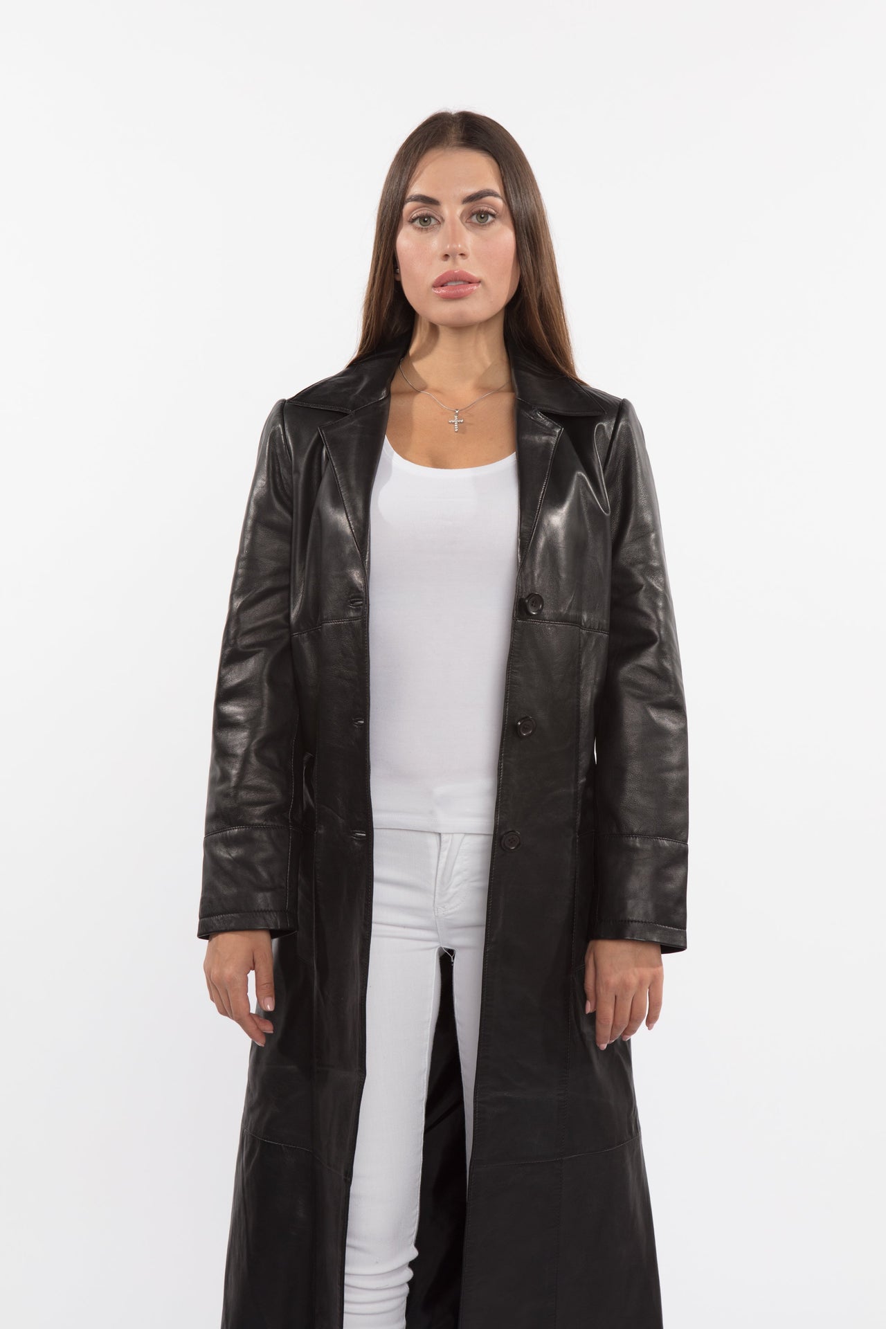 Fadcloset - Ladies 3 Button Matrix Black Full Length Leather Coat - 1 COLOR -