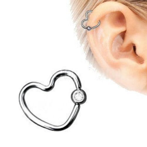 Fashion Hut - 316L Stainless Steel Heart Captive Bead Ring With Clear CZ -