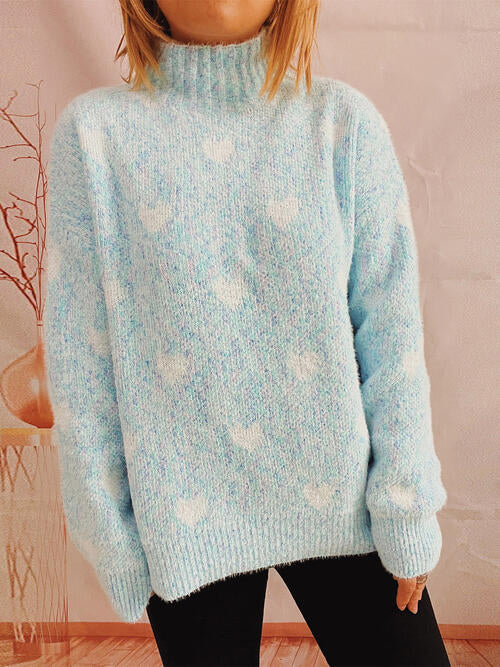 Heart Heathered Turtleneck Drop Shoulder Sweater - 1 OVERSIZE - T - 4 COLORS -