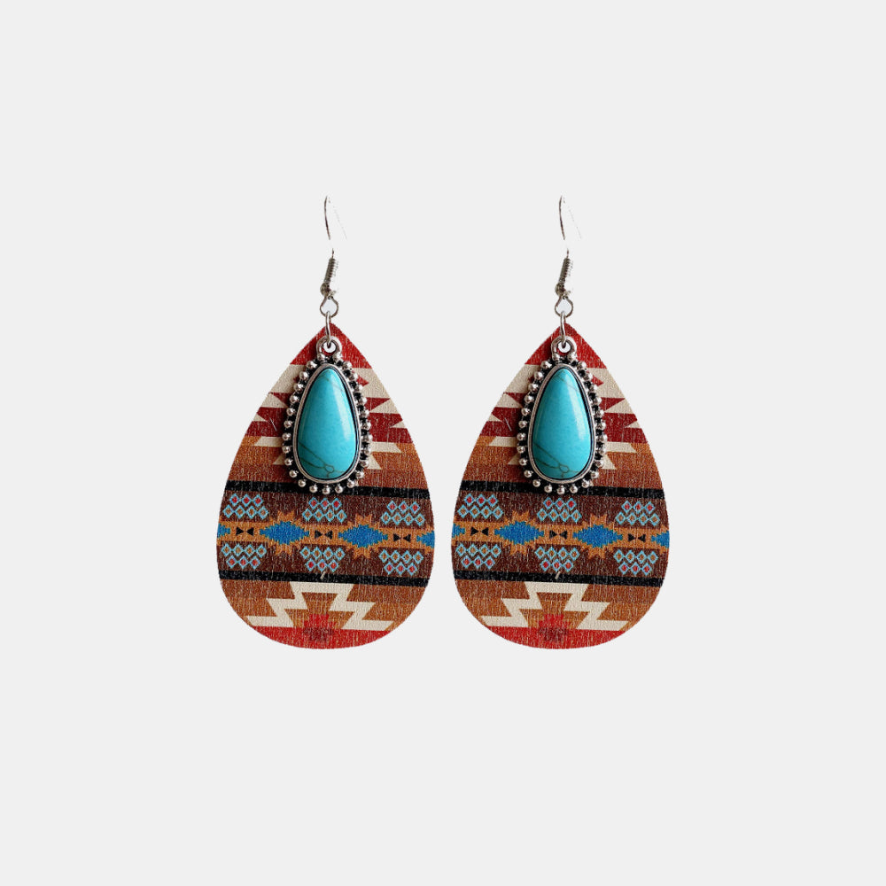 Turquoise Teardrop Shape Wooden Dangle Earrings - T - 3 STYLES -