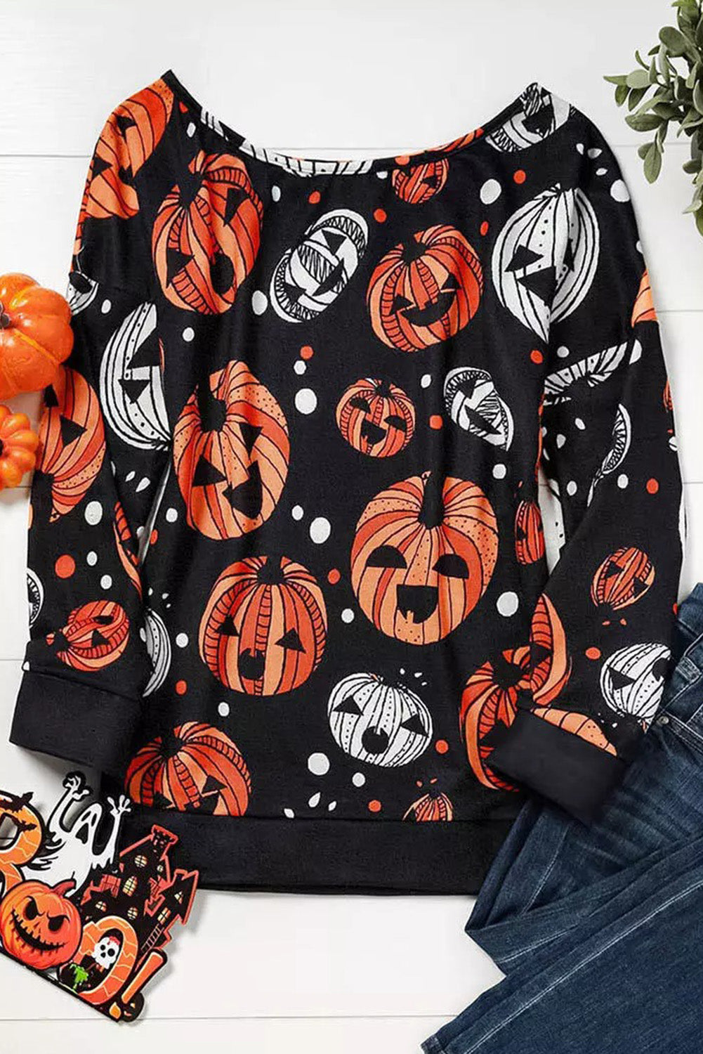 One Shoulder Jack-O'-Lantern Graphic Sweatshirt - T - 1 COLOR -