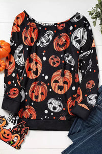 Thumbnail for One Shoulder Jack-O'-Lantern Graphic Sweatshirt - T - 1 COLOR -