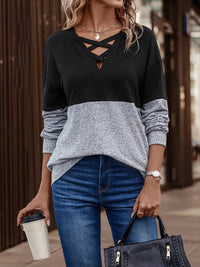 Thumbnail for Two-Tone Crisscross Detail Sweatshirt - T - 5 COLORS -