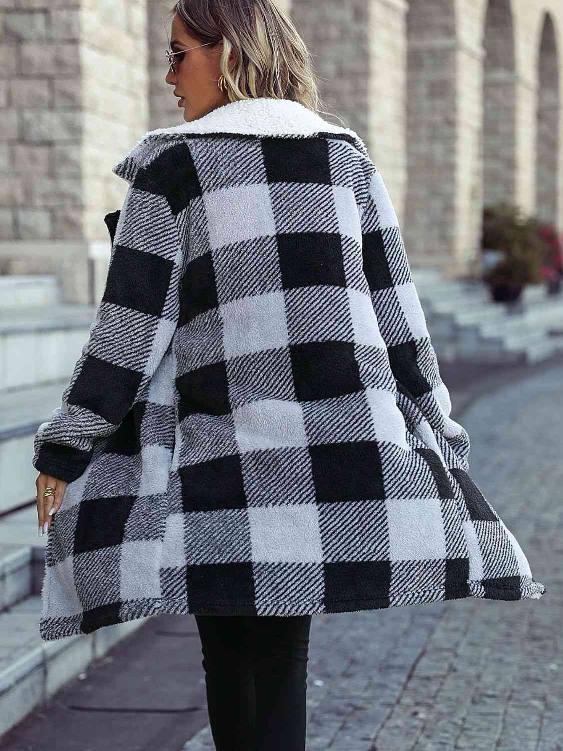 Plaid Open Front Coat with Pockets - T - 1 COLOR -