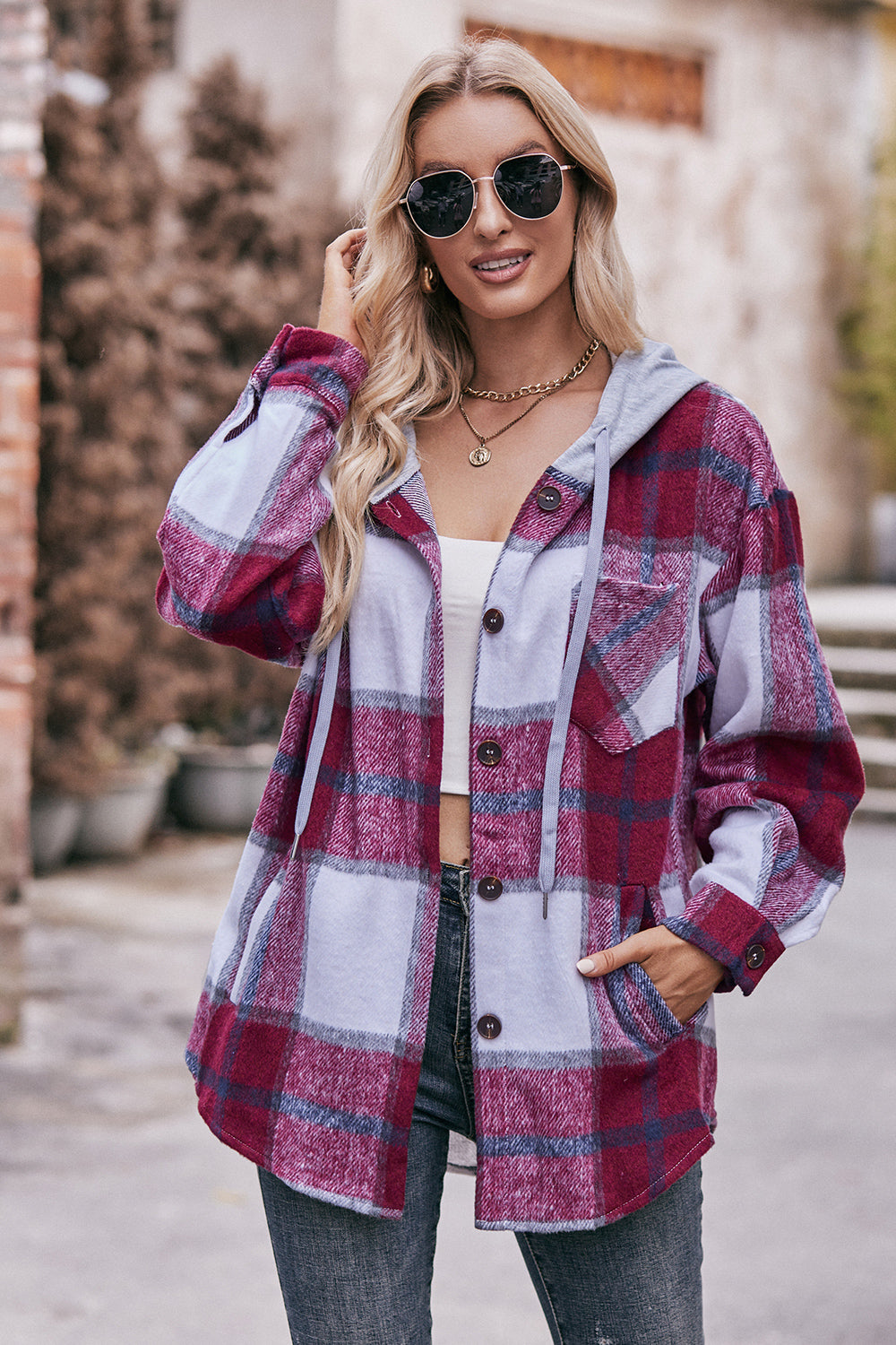 Plaid Dropped Shoulder Hooded Jacket - T - 5 COLORS -