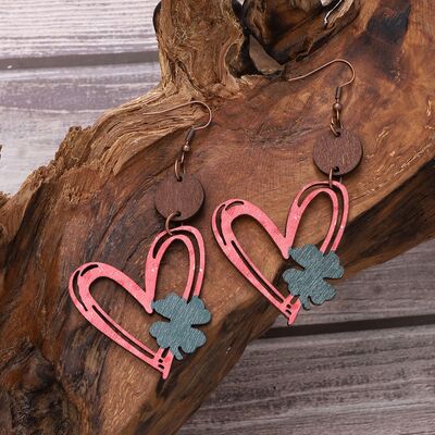 Wood Cutout Heart Dangle Earrings - T - 1 COLOR -