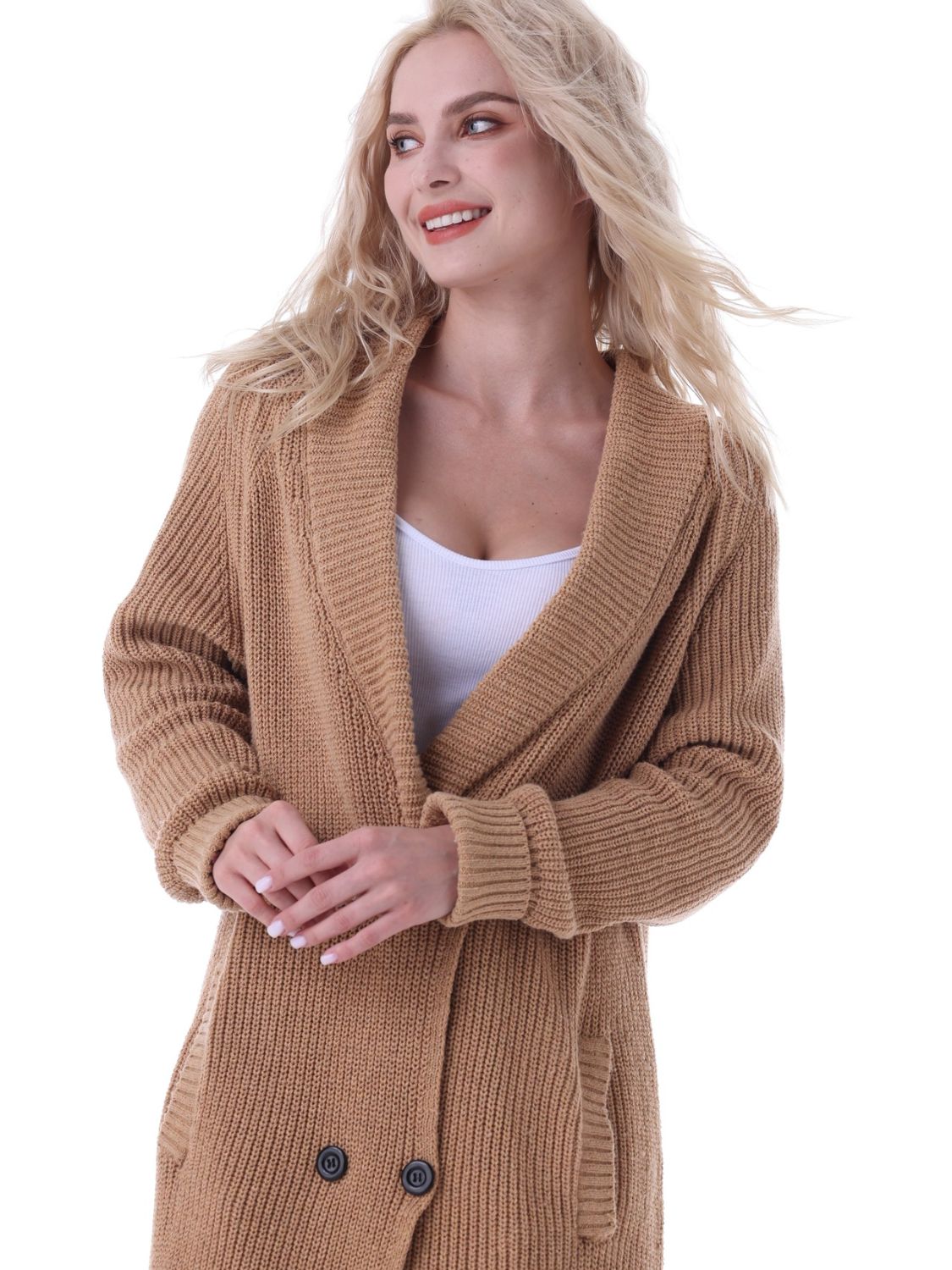 Double-Breasted Longline Cardigan with Pockets - T - 1 COLOR -