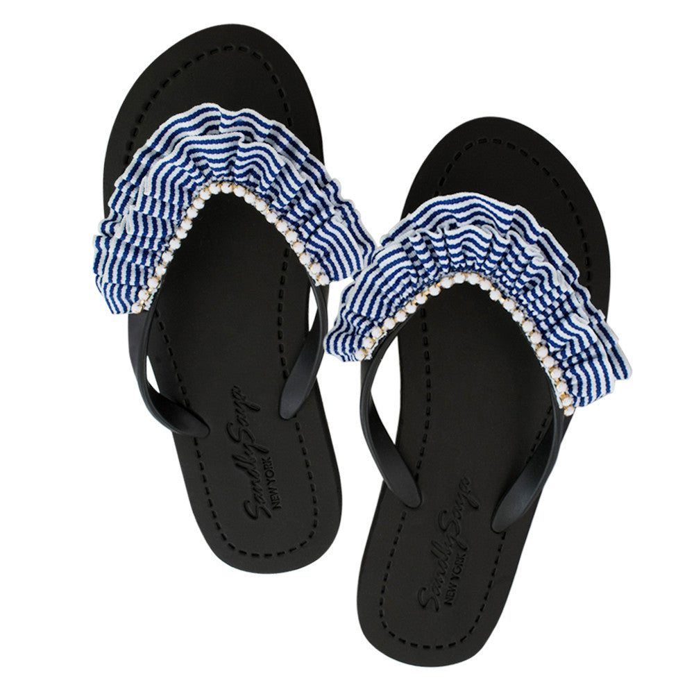 SAND BY SAYA N.Y. - Rockaway Stripe Ruffle - Embellished Flat Flip Flops Sandal - 5 COLORS -