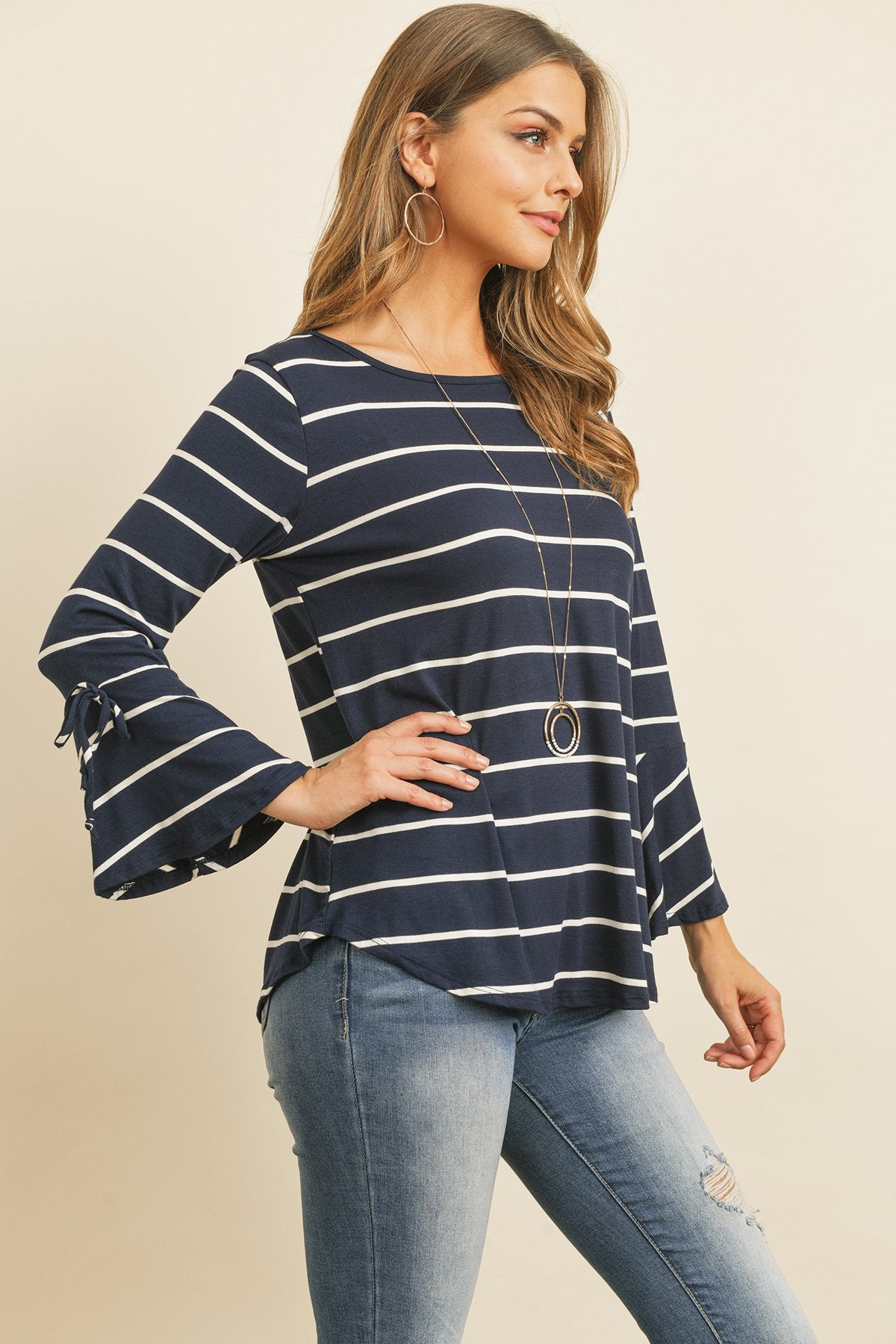 Riah Fashion - Stripe Flutter Sleeve Tie Top - 3 COLORS -