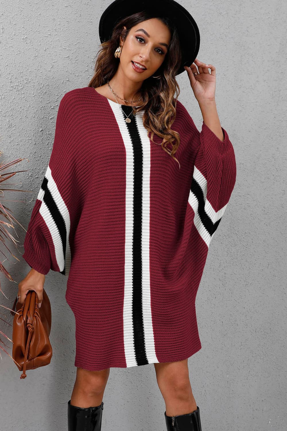 Ribbed Round Neck Long Sleeve Sweater Dress - T - 4 COLORS -