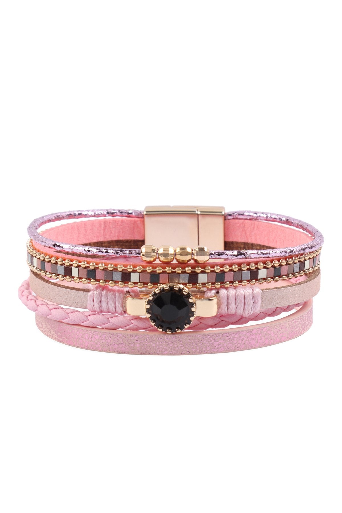 Multi Line Leather Charm With Magnetic Lock Bracelet - 4 COLORS -