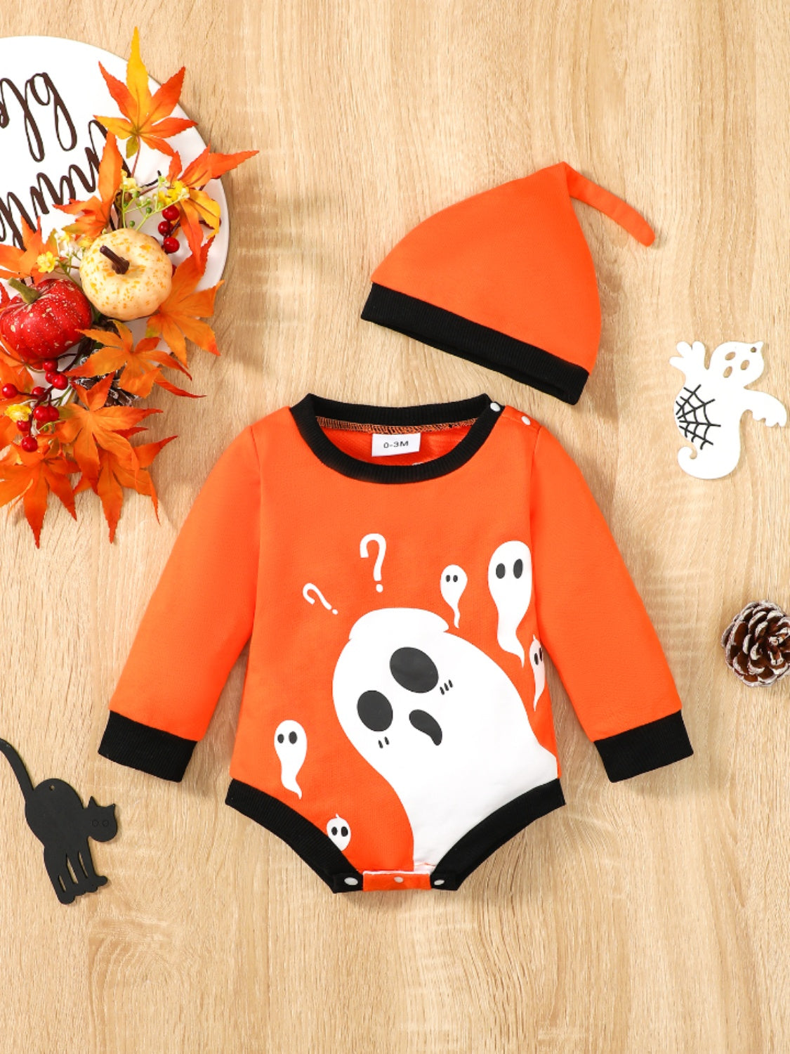 Ghost Graphic Long Sleeve Bodysuit with Beanie - 2 PCS - T - 2 COLORS -