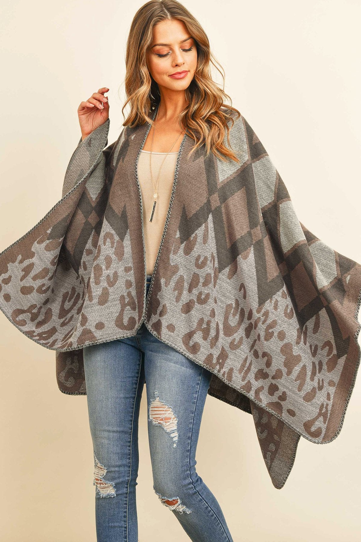 Riah Fashion - Chevron Leopard Open Front Kimono - 1 COLOR -