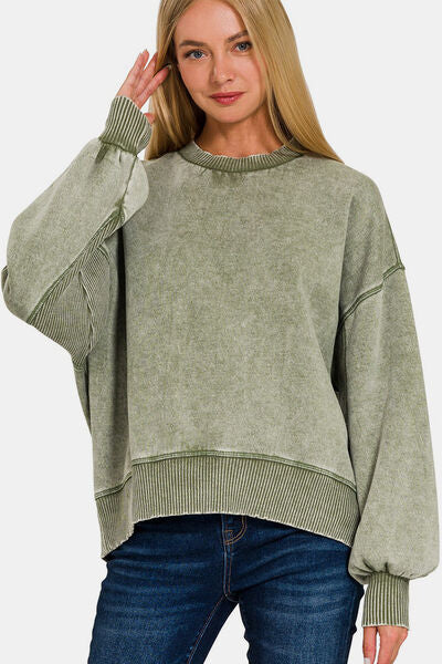 Zenana Round Neck Dropped Shoulder Lantern Sleeve Sweatshirt - T - 1 COLOR -